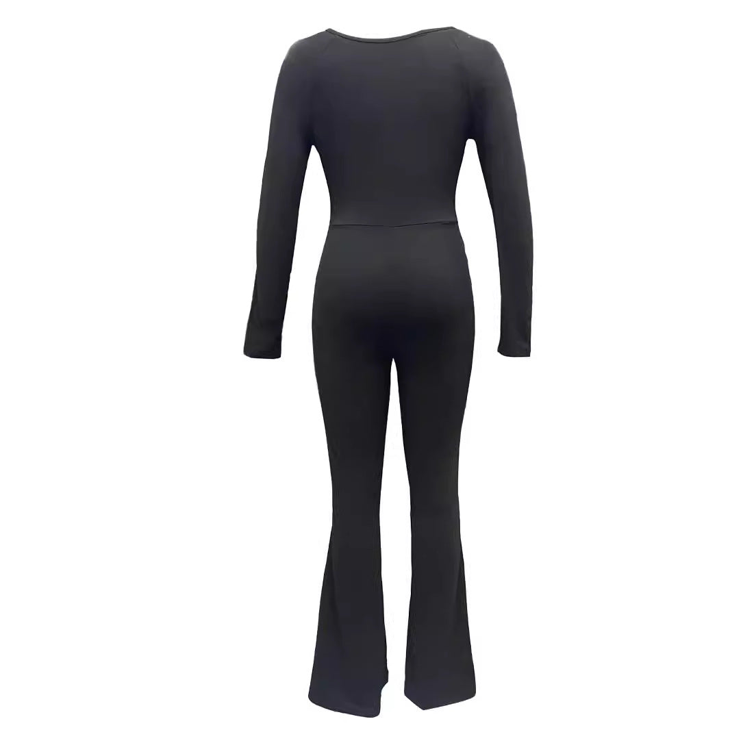 Damen Langarm Jumpsuit mit elegantem Quadrat-Ausschnitt und weitem Bein R&B
