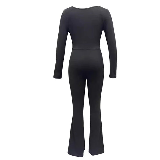 Damen Langarm Jumpsuit mit elegantem Quadrat-Ausschnitt und weitem Bein R&B