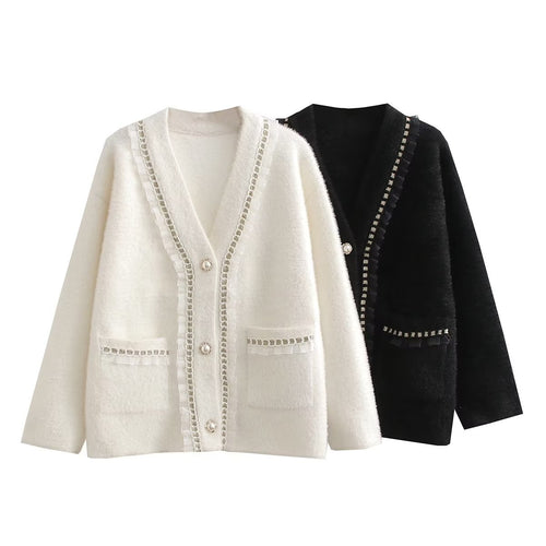 Damen modische Strickjacke mit dekorativen Rüschen und perlenverzierten Knopfdetails R&B