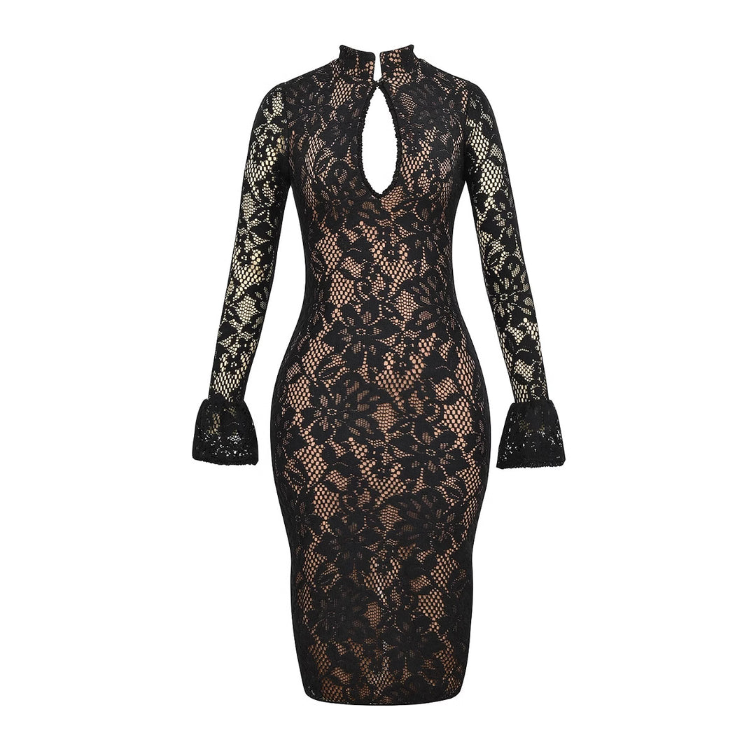 Damen Elegantes Spitzenkleid mit hochgeschlossenem Kragen und voluminösen Ärmel R&B