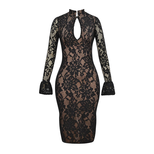Damen Elegantes Spitzenkleid mit hochgeschlossenem Kragen und voluminösen Ärmel R&B