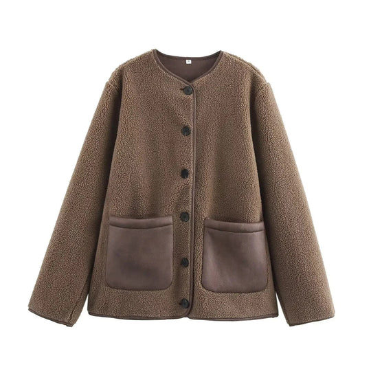 Damen kuschelige Teddyjacke mit praktischen Taschen und Knopfverschluss R&B