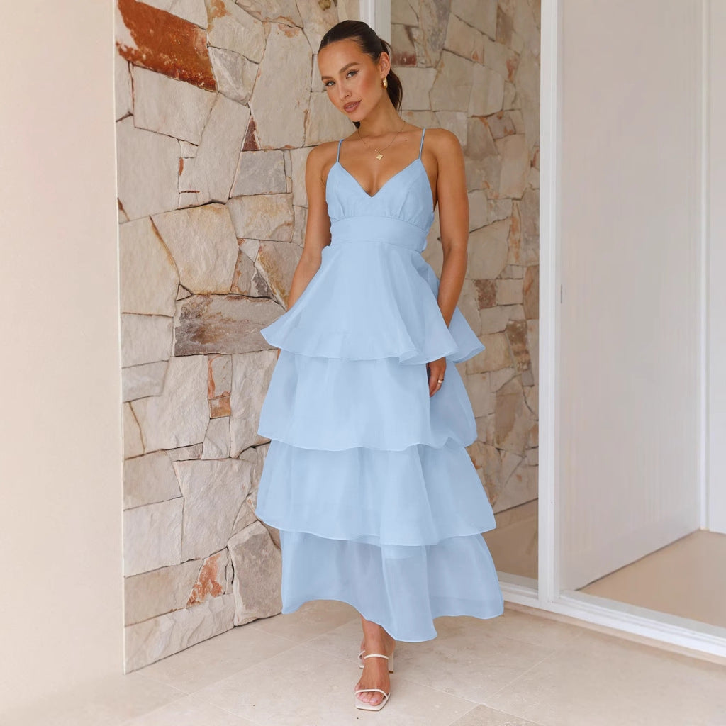 Damen luftiges Maxikleid mit Schichten und Spaghettiträgern R&B