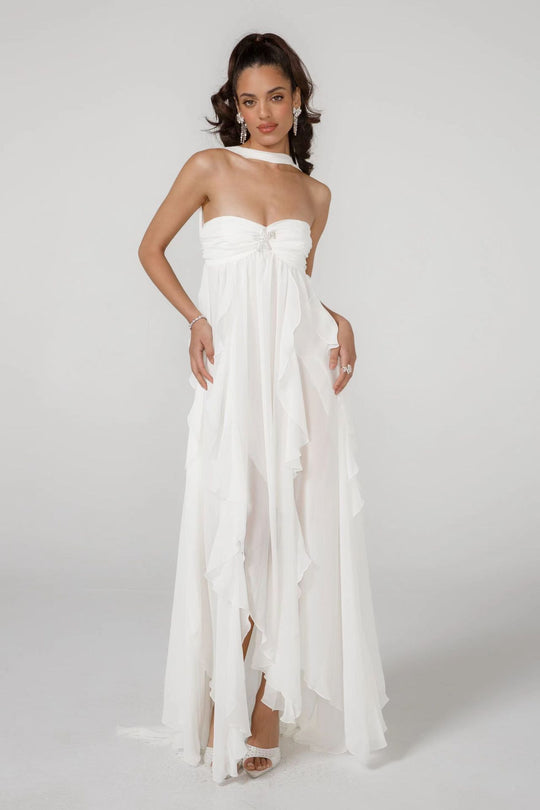 Damen Elegantes Maxi-Kleid mit asymmetrischem Saum und zarten Rüschendetails R&B