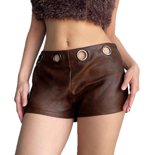 Damen Kunstleder-Shorts mit dekorativen Ösen R&B
