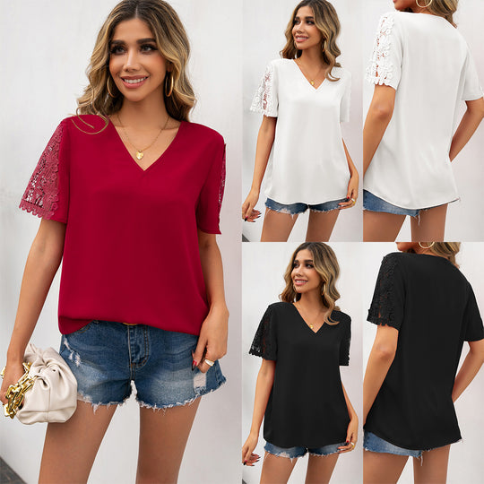 Damen Bluse mit Spitzenakzenten und V-Ausschnitt R&B