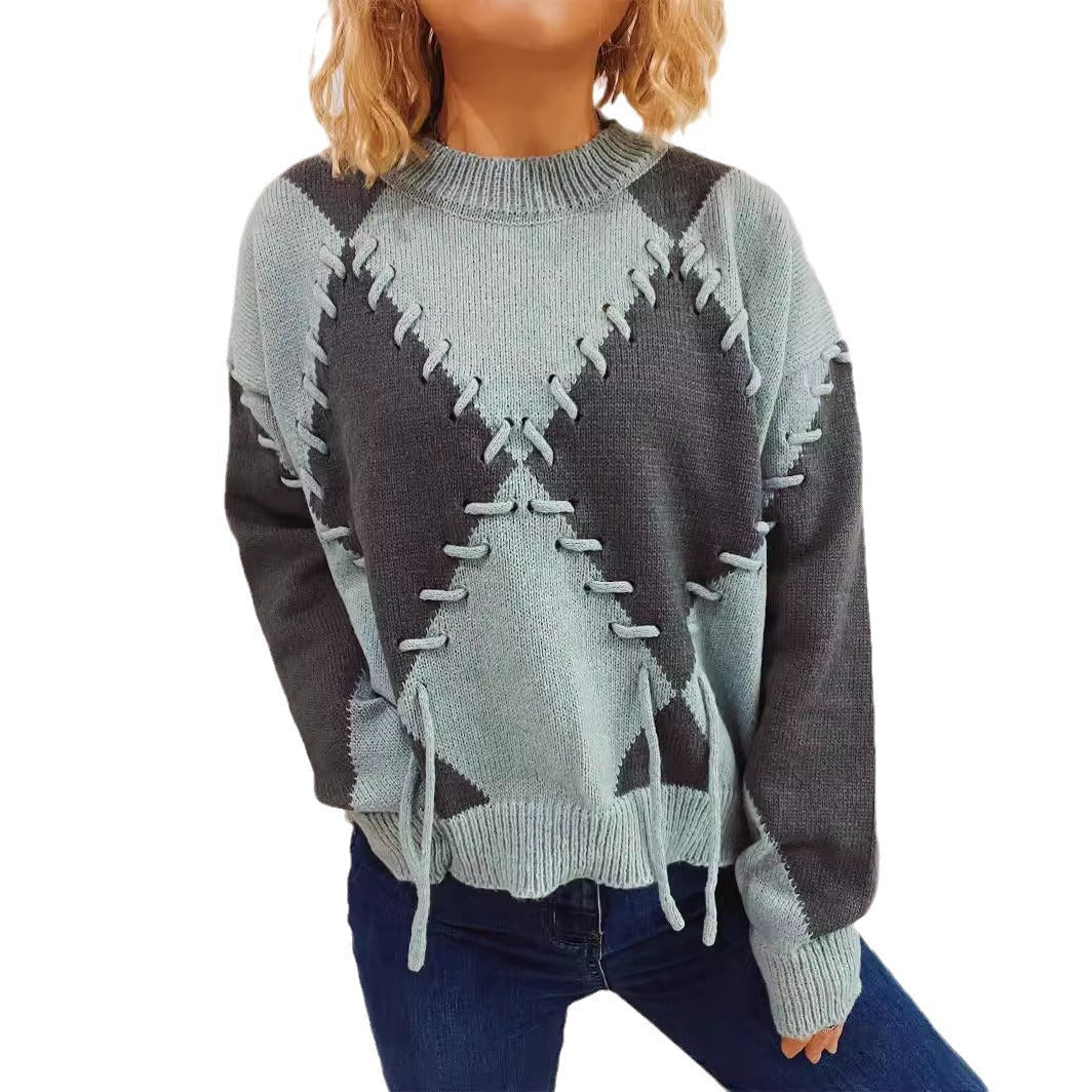 Damen gemütlicher Strickpullover mit auffälligem Design und modernen Schnürdetails R&B