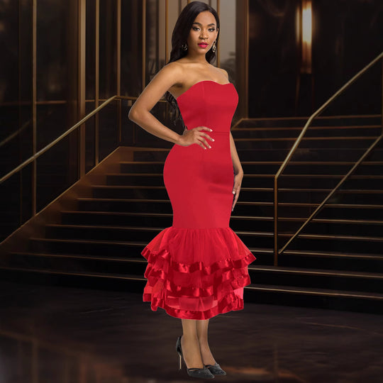 Damen Strapless Kleid mit voluminösem Rüschenrock R&B