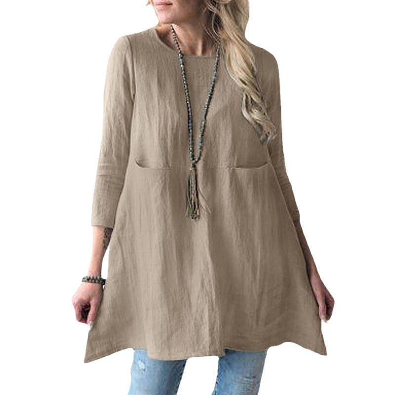 Damen lässiges Tunika-Kleid mit praktischen Taschen und 3/4-Ärmeln R&B