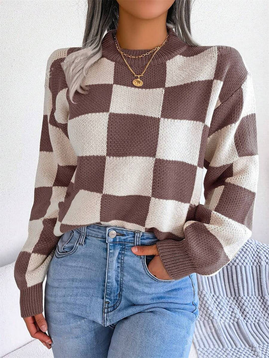 Damen modischer Pullover mit Karomuster und weitem Schnitt R&B