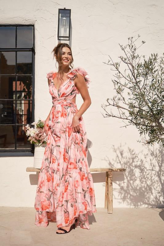 Damen Maxi-Kleid mit floralen Rüschen und schwingendem Design R&B