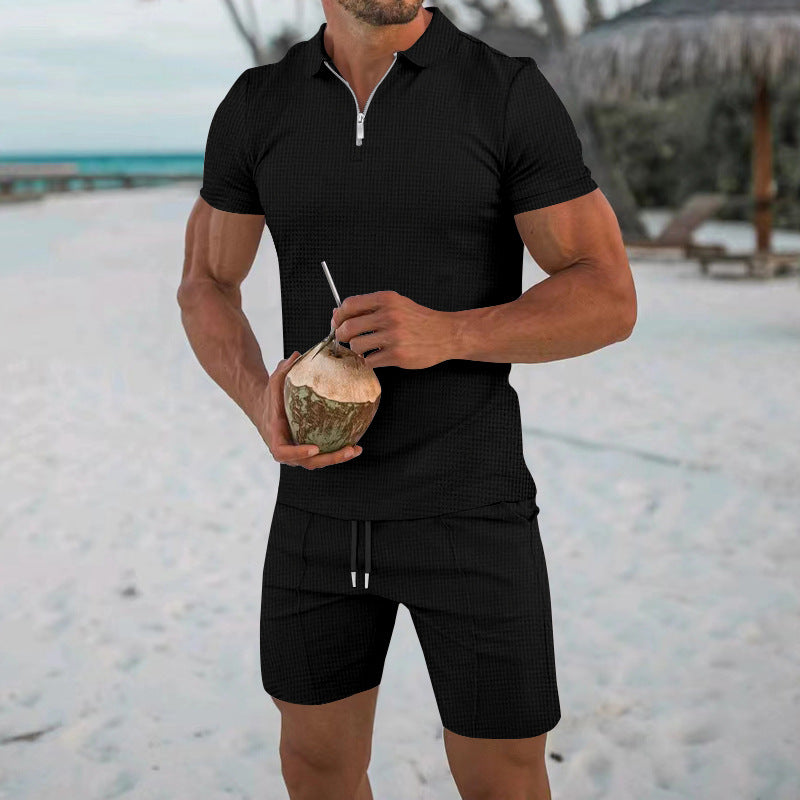 Herren lässiges Kurzarm-Set mit strukturiertem Polo und modischen Shorts R&B