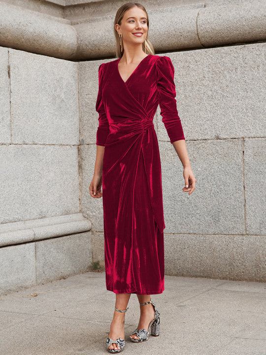 Damen Elegantes Wickelkleid mit Puffärmeln und Goldakzenten R&B