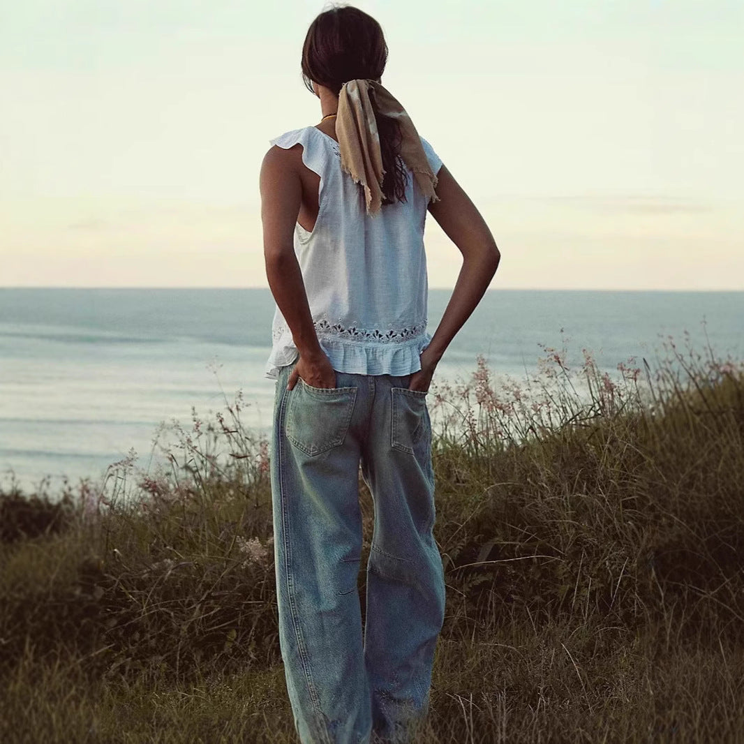 Damen luftiger Leinen-Crop-Top mit Rüschen R&B
