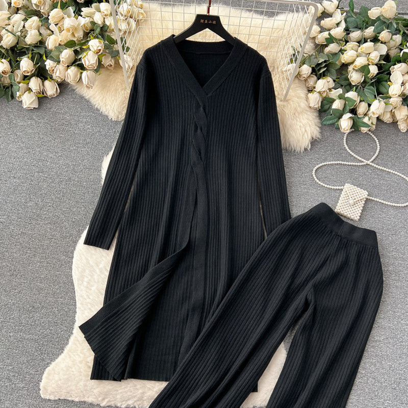 Damen elegantes Strickanzug mit V-Ausschnitt und weitem Bein R&B