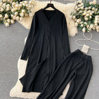 Damen elegantes Strickanzug mit V-Ausschnitt und weitem Bein R&B