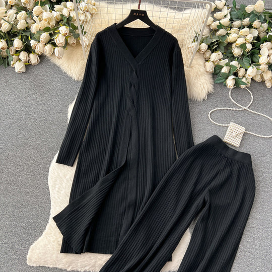 Damen elegantes Strickanzug mit V-Ausschnitt und weitem Bein R&B