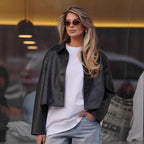 Damen Modische cropped Kunstlederjacke mit stilvollen Details R&B