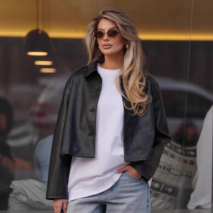 Damen Modische cropped Kunstlederjacke mit stilvollen Details R&B