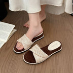 Damen flache Riemchen-Pantoletten mit raffiniertem Textil-Design und komfortabler Sohle R&B