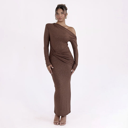 Damen Elegantes Wickel-Maxi-Kleid mit asymmetrischem Schnitt und langen Ärmeln R&B