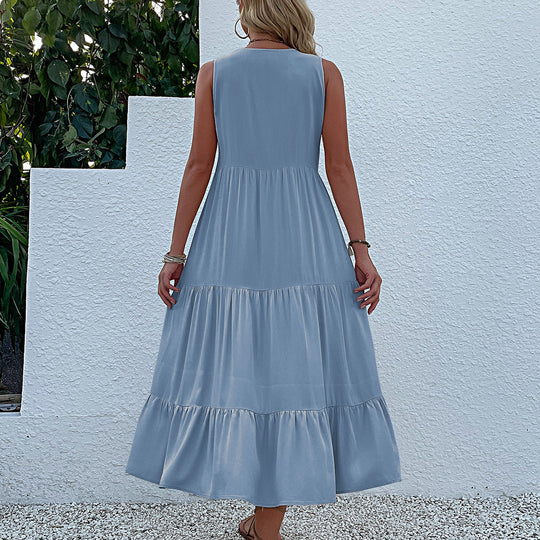 Damen Maxikleid mit Knopfdetail und voluminösem Rock R&B