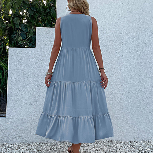 Damen Maxikleid mit Knopfdetail und voluminösem Rock R&B
