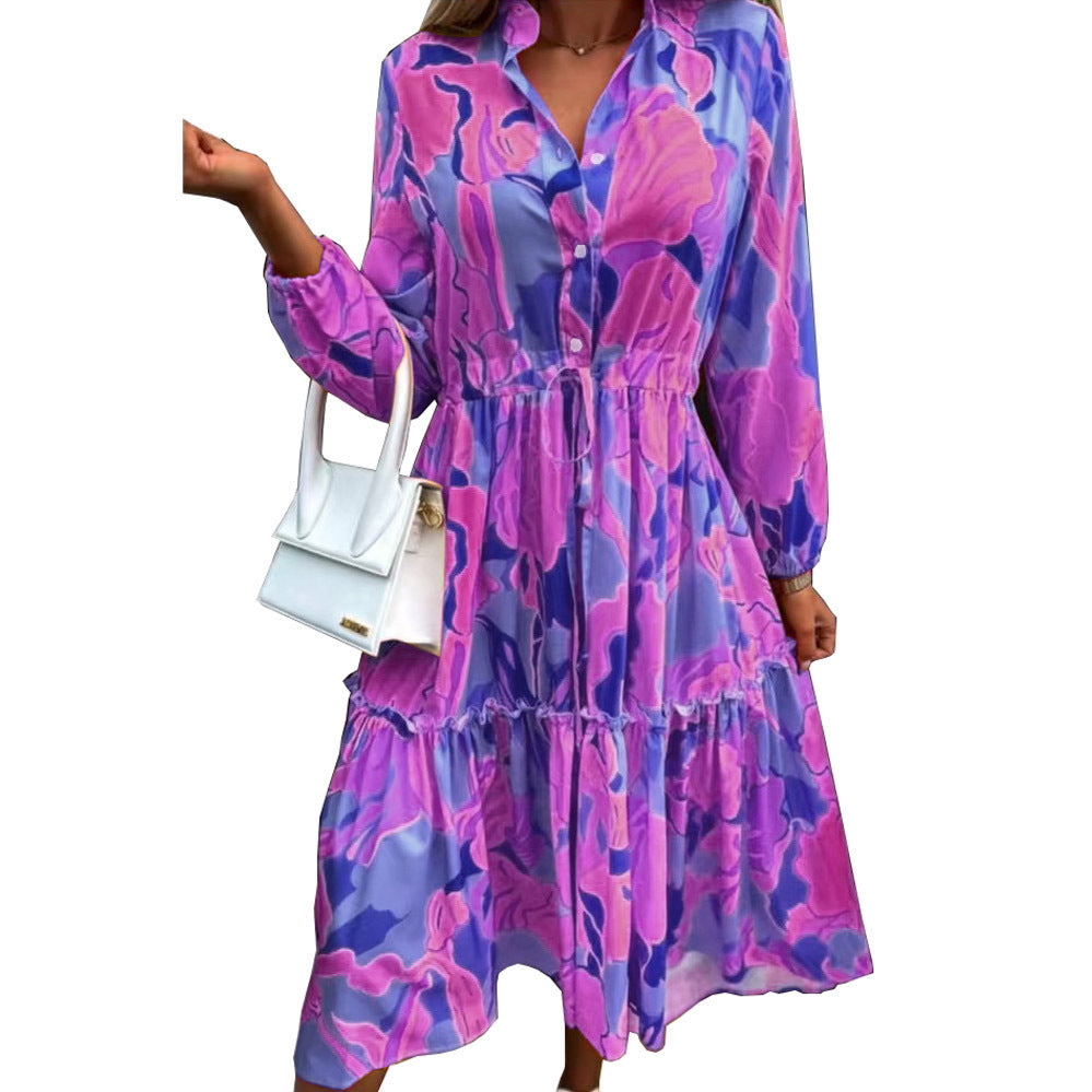 Damen Langarm-Hemdkleid mit lässiger Silhouette und Taillenzug R&B