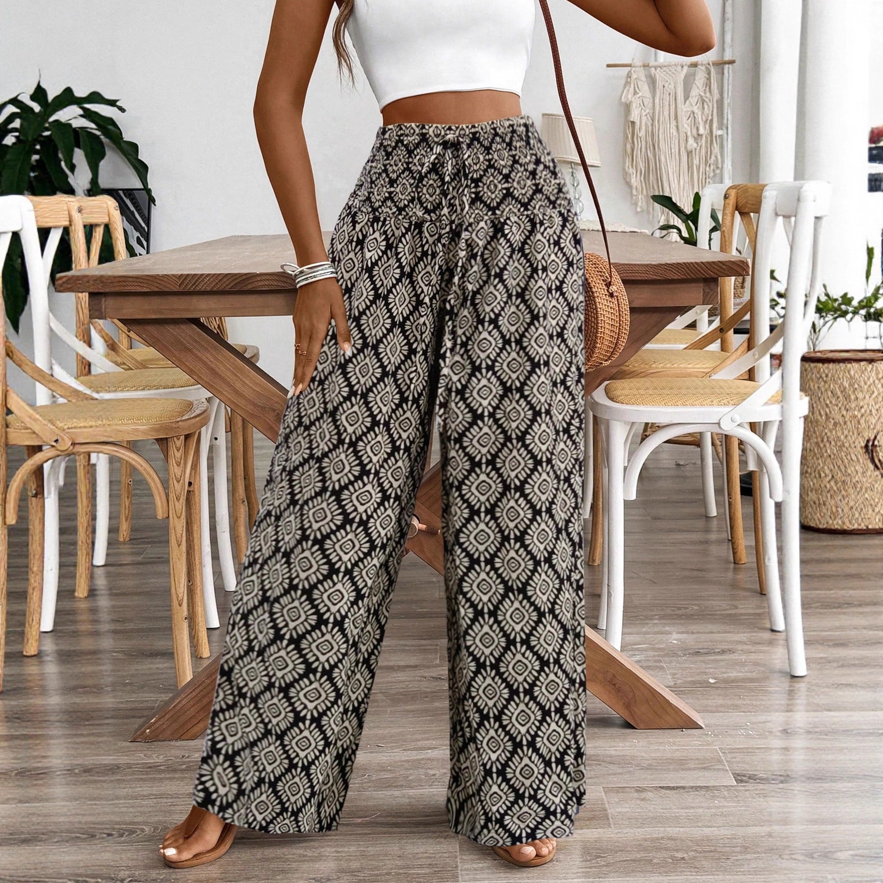 Damen Weitgeschnittene Palazzohose mit elastischem Bund und verspieltem Muster R&B