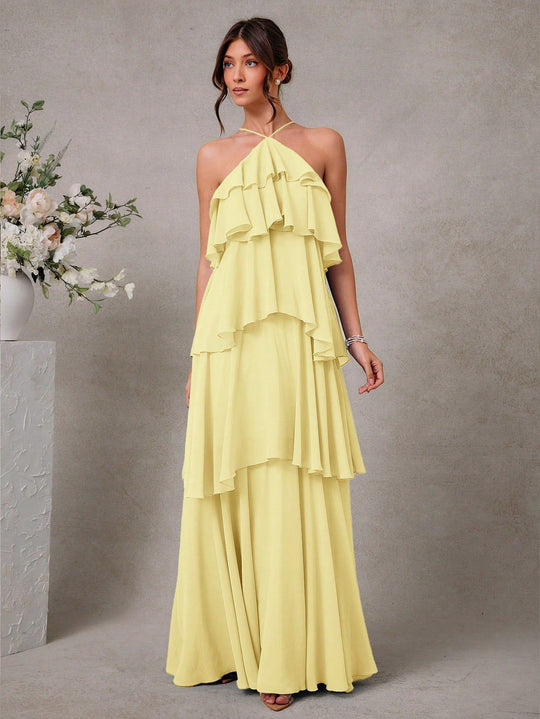 Damen Maxikleid mit voluminösen Rüschendetails und elegantem V-Ausschnitt R&B