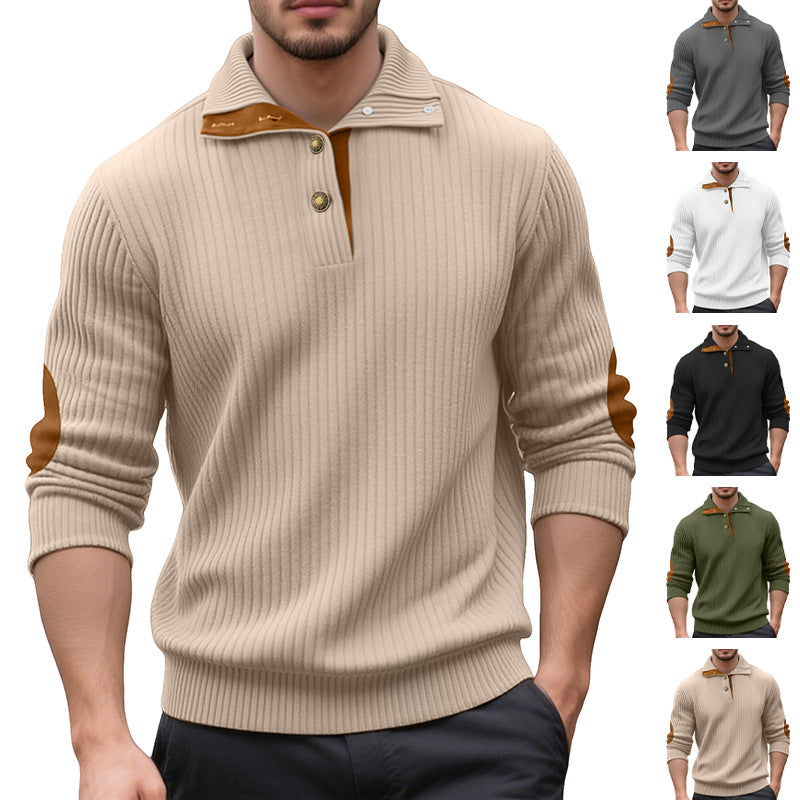 Herren nan Rippstrick-Halbknopf-Pullover mit Kentkragen und Lederbesatz R&B