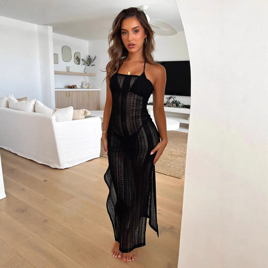 Damen luftiges Strandkleid mit feinen Häkelmustern und verstellbaren Trägern R&B