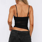 Damen leichtes Rüschenshirt mit Spaghettiträgern und transparenten Einsätzen R&B
