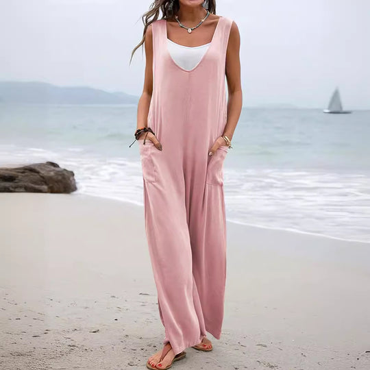 Damen Lässiger weite Jumpsuit mit V-Ausschnitt und praktischen Taschen R&B