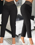 Damen stylische High-Waist Hosen mit transparentem Gitterbund R&B