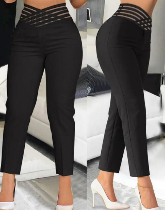Damen stylische High-Waist Hosen mit transparentem Gitterbund R&B