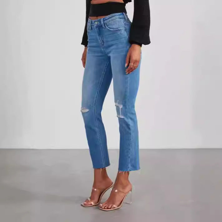 Damen modische High-Waist Jeans mit lässigem Destroyed-Look R&B