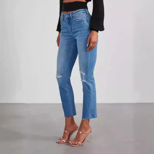 Damen modische High-Waist Jeans mit lässigem Destroyed-Look R&B