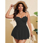 Damen Plissierter Strandkleid Badeanzug mit verstellbaren Trägern und romantischem Ausschnitt R&B