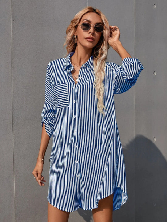 Damen Hemdblusenkleid im lässigen Stil mit Streifenmuster R&B