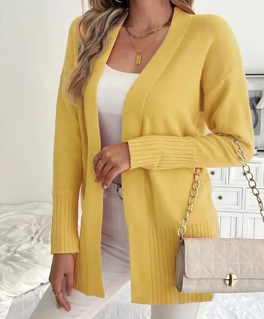 Damen Langer Strickcardigan mit feinen Rippdetails und lässigem Schnitt R&B
