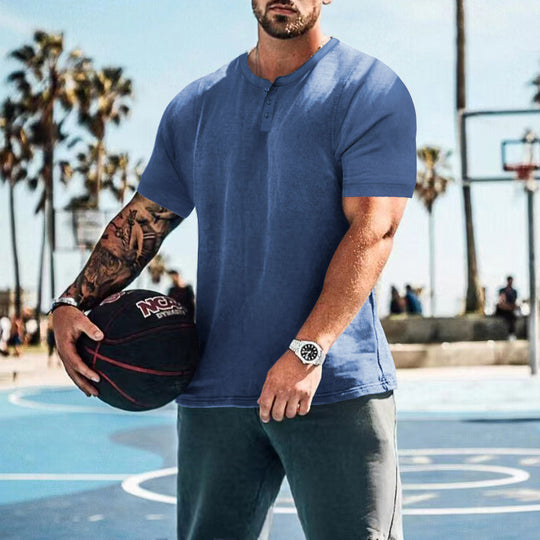 Herren lässiges Kurzarm-Henley-Shirt mit hochwertigem Baumwoll-Mix und praktischem Knopfdesign R&B