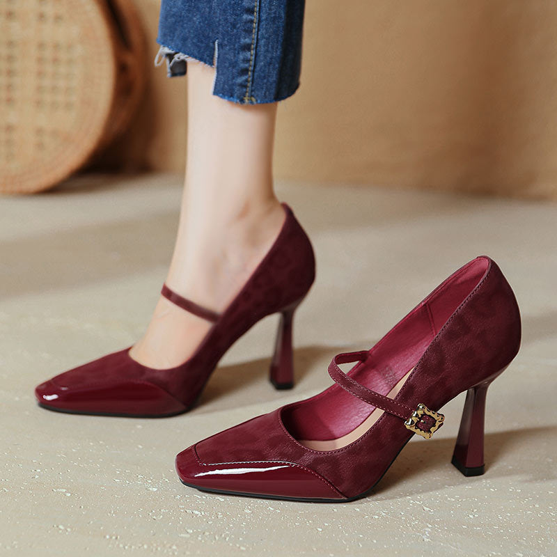Damen elegante Mary Jane Pumps mit charakteristischem Blockabsatz und dekorativem Riemen R&B