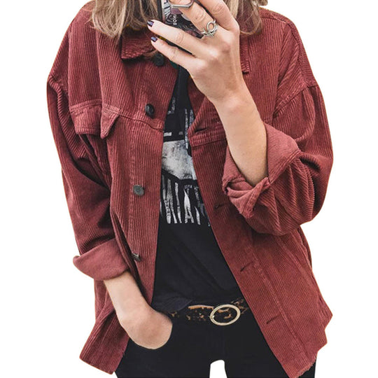 Damen modische Cordjacke mit praktischen aufgesetzten Taschen und lässigem Schnitt R&B