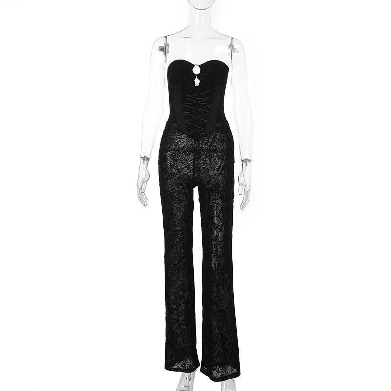 Damen eleganter Jumpsuit mit strukturierter Spitze und verführerischem Ausschnitt R&B