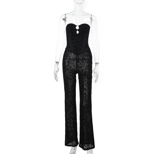 Damen eleganter Jumpsuit mit strukturierter Spitze und verführerischem Ausschnitt R&B