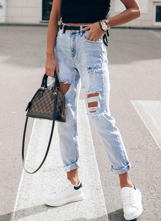 Damen Ripped Boyfriend Jeans im lässigen Vintage-Stil mit hohem Bund R&B