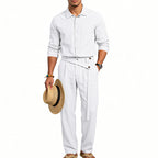 Herren nan eleganter Leinen-Zweiteiler mit Hemd und Hose mit hohem Bund und Bindegürtel R&B
