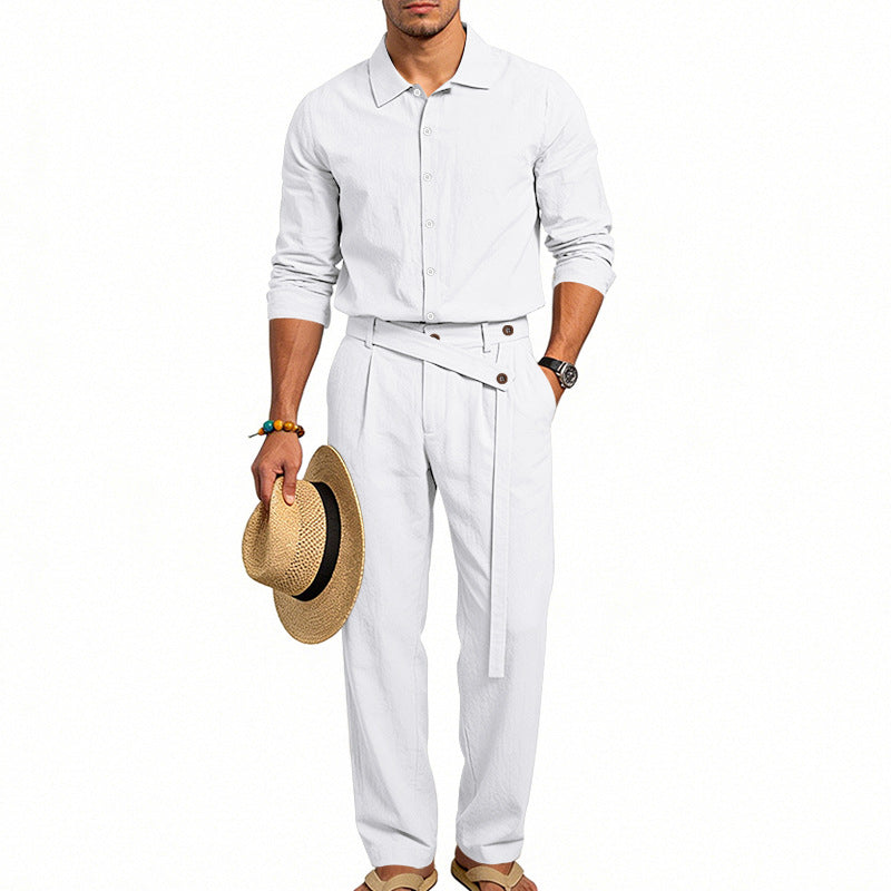 Herren nan eleganter Leinen-Zweiteiler mit Hemd und Hose mit hohem Bund und Bindegürtel R&B