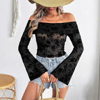 Damen Off-Shoulder Oberteil mit transparentem floralem Design und ausgestellten Ärmeln R&B